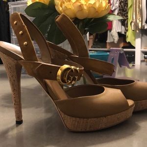Gucci high heel platform sandal, camel color suede and leather with gold GG
